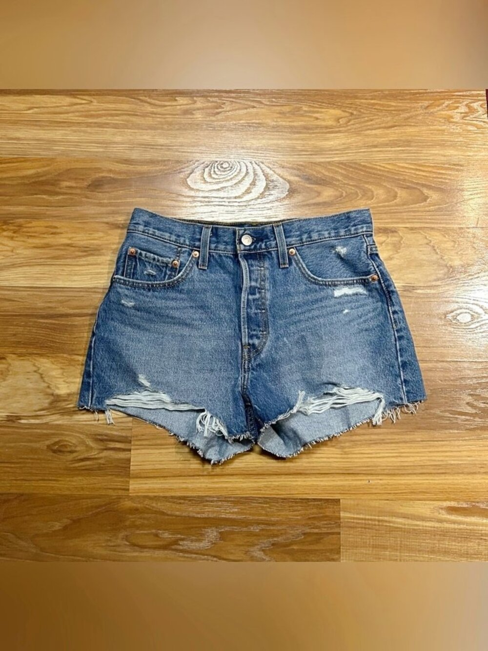 Levis 501 Vintage Style High Rise Button Fly Distressed Denim Cut Off Shorts~28~